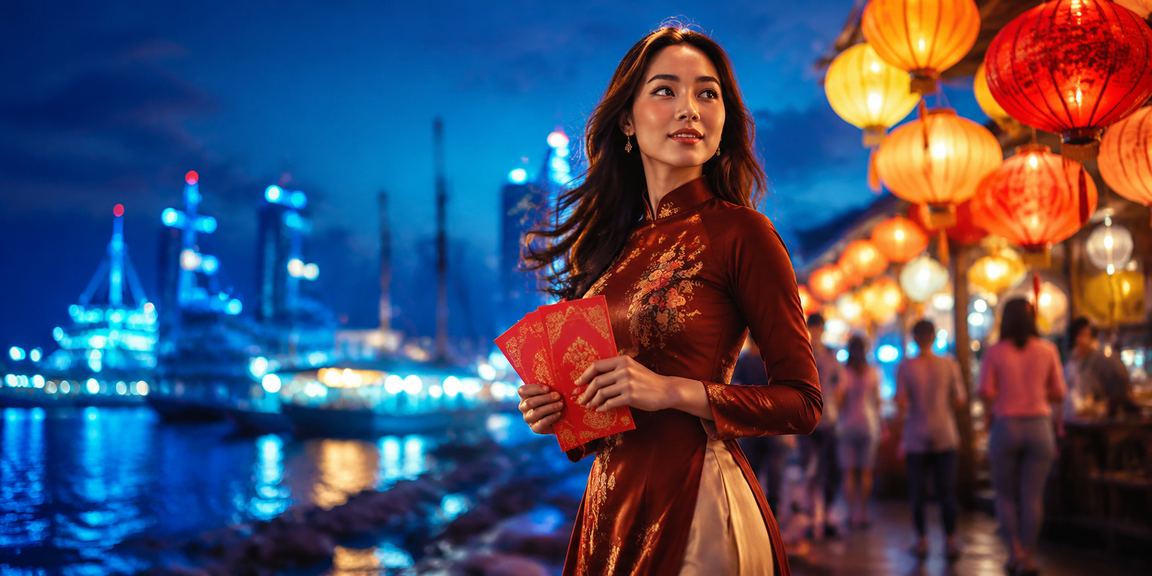 Hình ảnh chợ đêm Đà Nẵng với phong bao đỏ biểu trưng cho tiền thưởng và ưu đãi cá cược